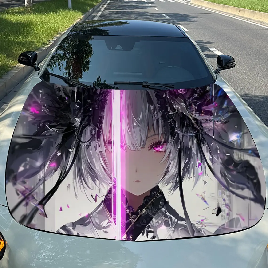 Cyber Miko Pink Blade Car Vinyl Wrap, PVC Material Waterproof Car Hood Sticker, Self-Adhesive Scratch-Resistant Stickers for Eng