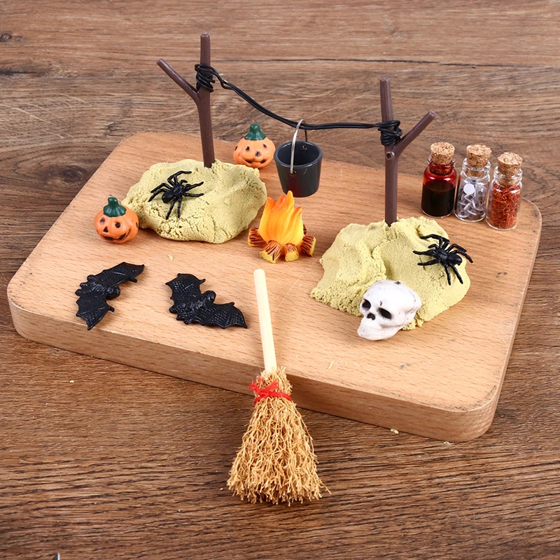 1Set 1:12 Dollhouse Miniature Halloween Horror Decor Toy Bat Skull Head  Broom Spider Pumpkin Head Magic Book Ornament DIY Toy