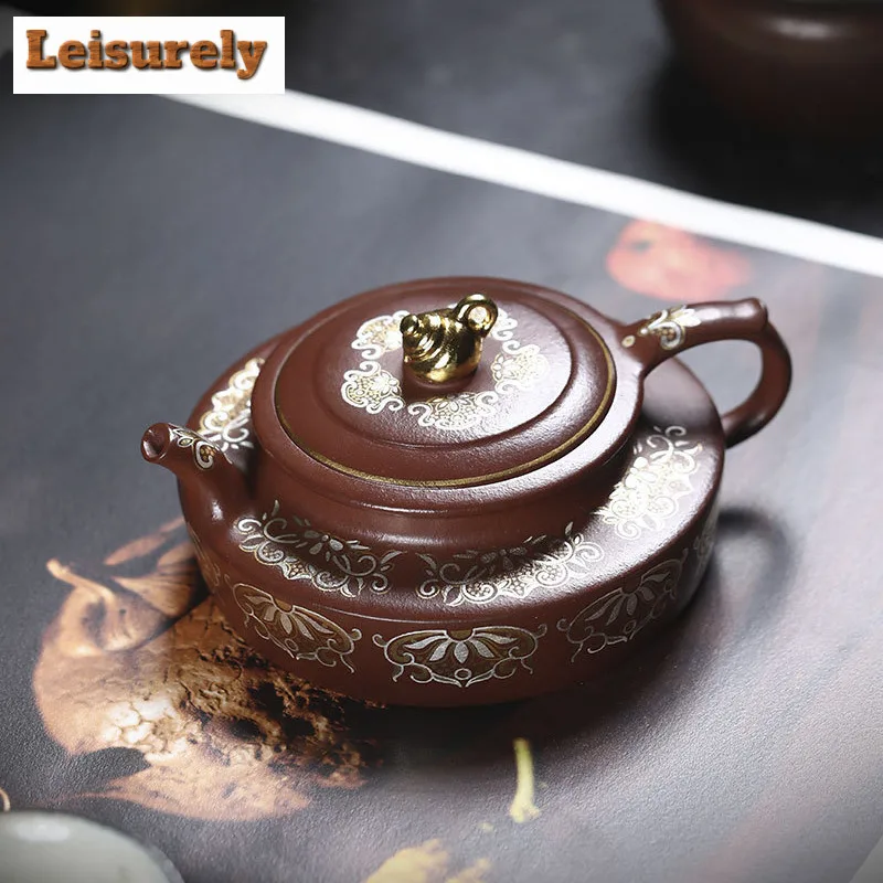 

200 мл Исин фиолетовые глиняные чайники ручной работы с золотым рисунком, горшок для рисования из сырой руды, красная кожа, чайник с грязью в виде дракона с ситечком, чай Zisha