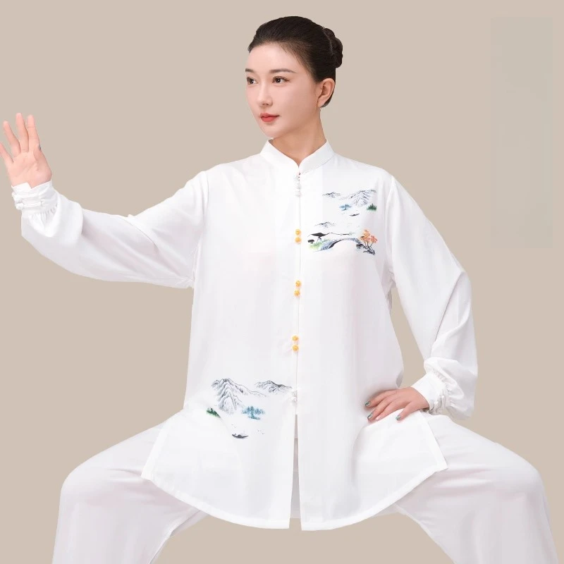 Women Hand Painted Tai Chi Outfit Lightweight Chiffon Summer Kung Fu Dress Flowy Breathable Martial Arts Practice Wear