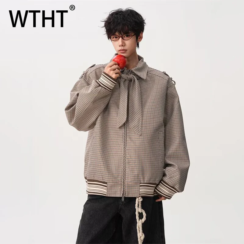 

WTHT Fashion Men's Plaid Spliced Striped Tie Design Coats Trendy 2025 Winter Turn Down Collar Long Sleeves Jackets Male 2A2589