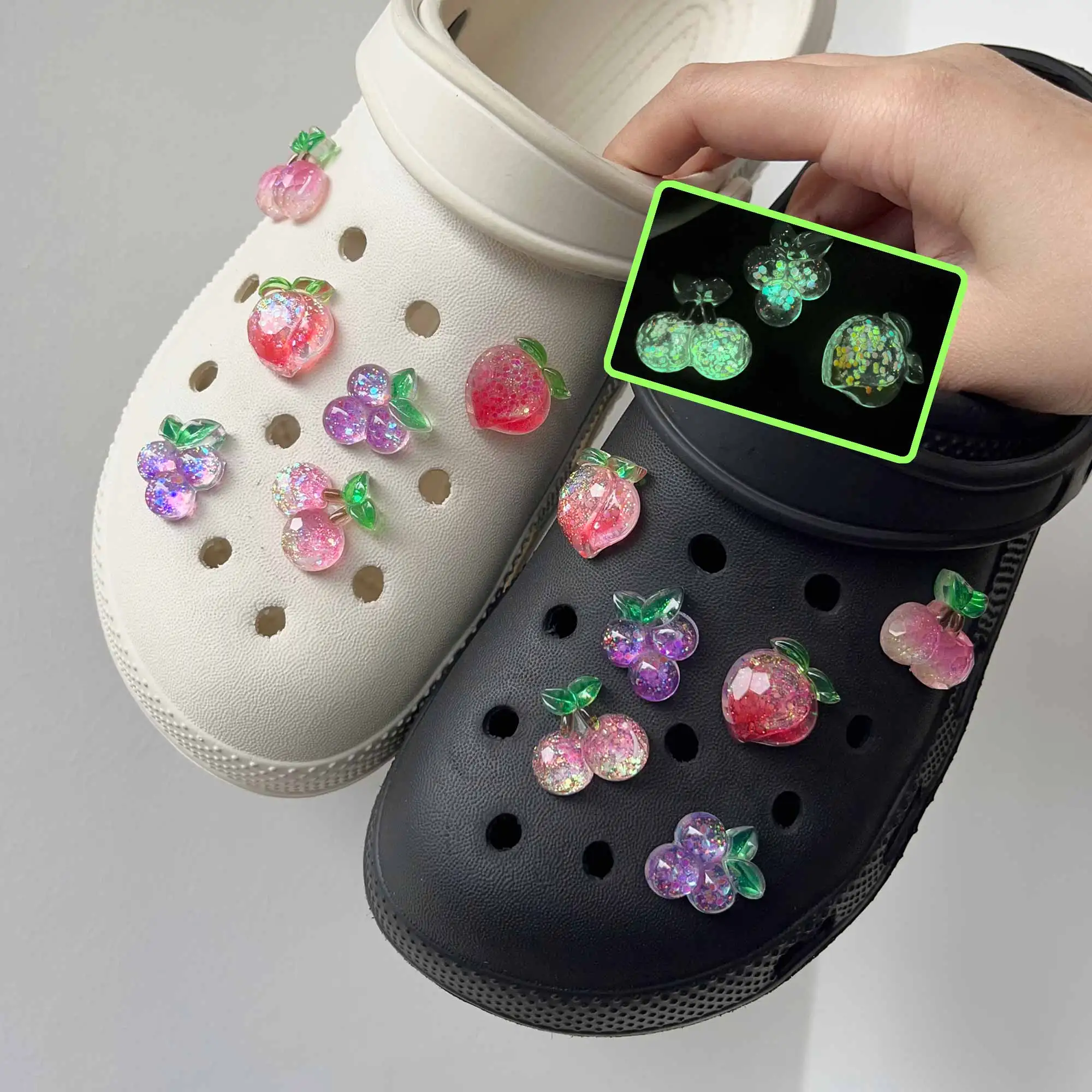 

Cute Nightlight Fruit Glitter Accessories Shoe Charms for Crocs Decorations Slipper Garden Sandals Clogs Pins Girl Boy Kids Gift