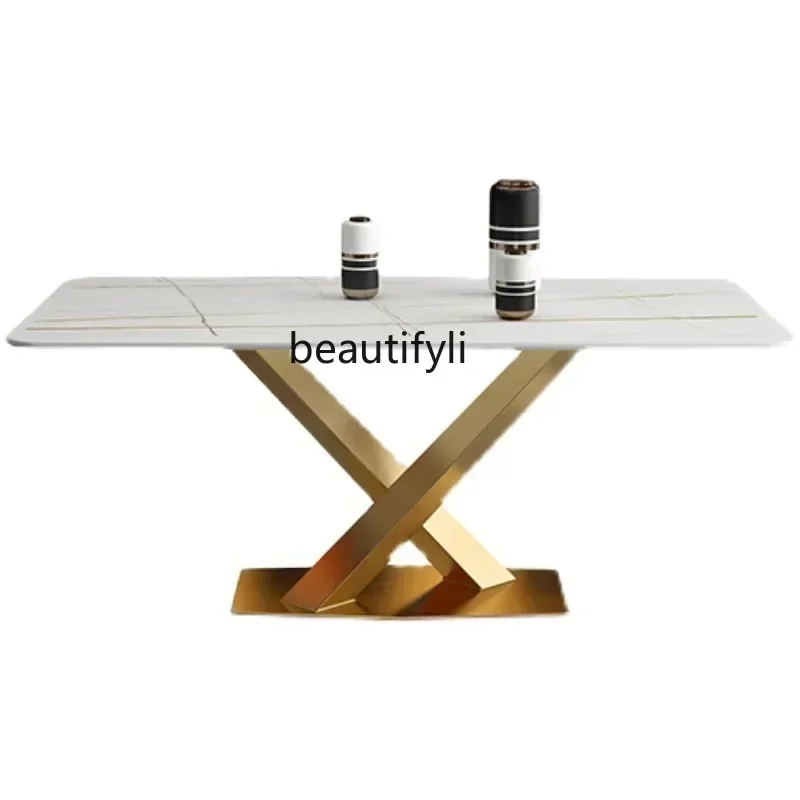 N17 Light Luxury Stone Plate Dining Tables and Chairs Set Rectangular Italian Minimalist Home Living Room Modern Minimalist