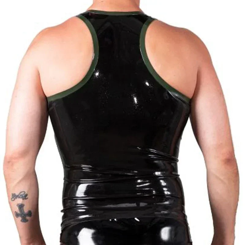 สีดําและสีเขียวมะกอก Trims เซ็กซี่ Latex เสื้อเข็มขัดหัวเข็มขัดแขนกุดยางเสื้อผ้า