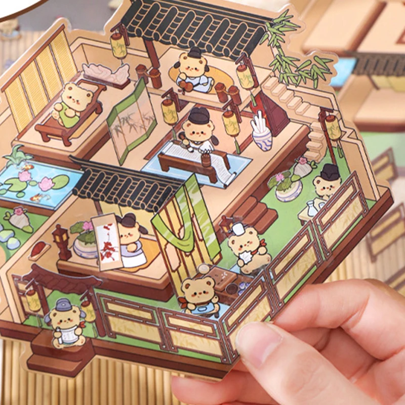 2Sets Cartoon 3D Landscaping Stickers Cabin Scene Stacking Pasting Stickers Cute Miniature Scene Stickers Festival Gifts