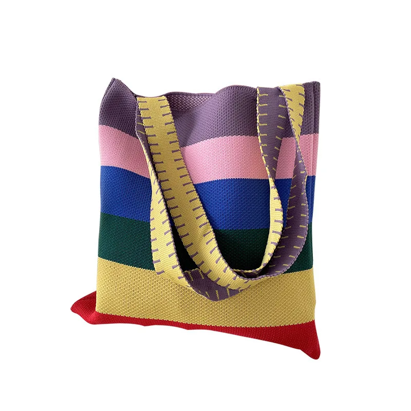 Regenboog Contrast Kleur Gestreepte Y 2K Koreaanse Stijl Schoudertas Gebreide Eco-Vriendelijke Shopper Draagtas Handgeweven Schattige Groothandel 2023 Trend