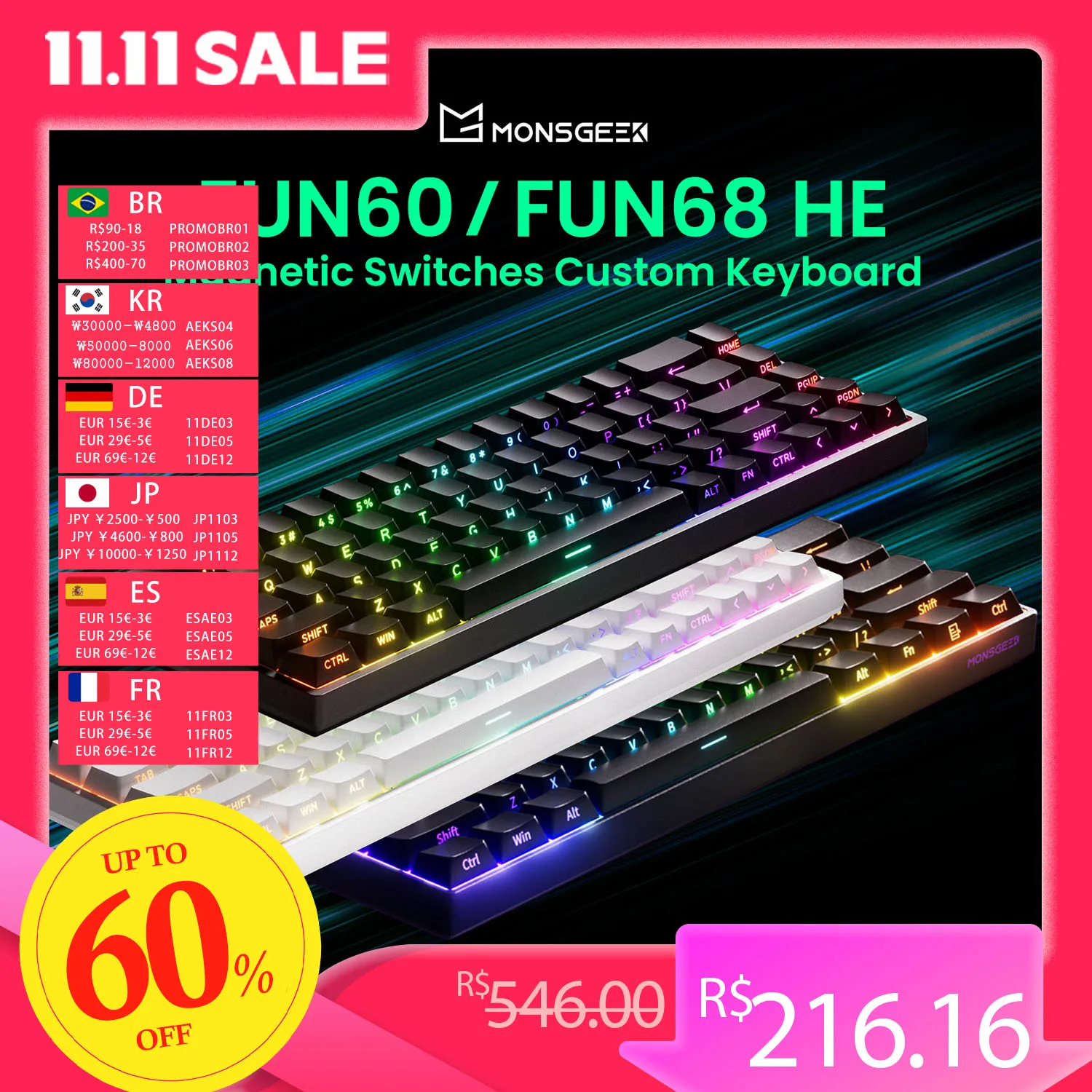 Akko MonsGeek FUN68 FUN60 PRO & MAX HE clavier magnétique 60% 65% claviers de jeu déclencheur rapide 8K clavier personnalisé Gamer Esports