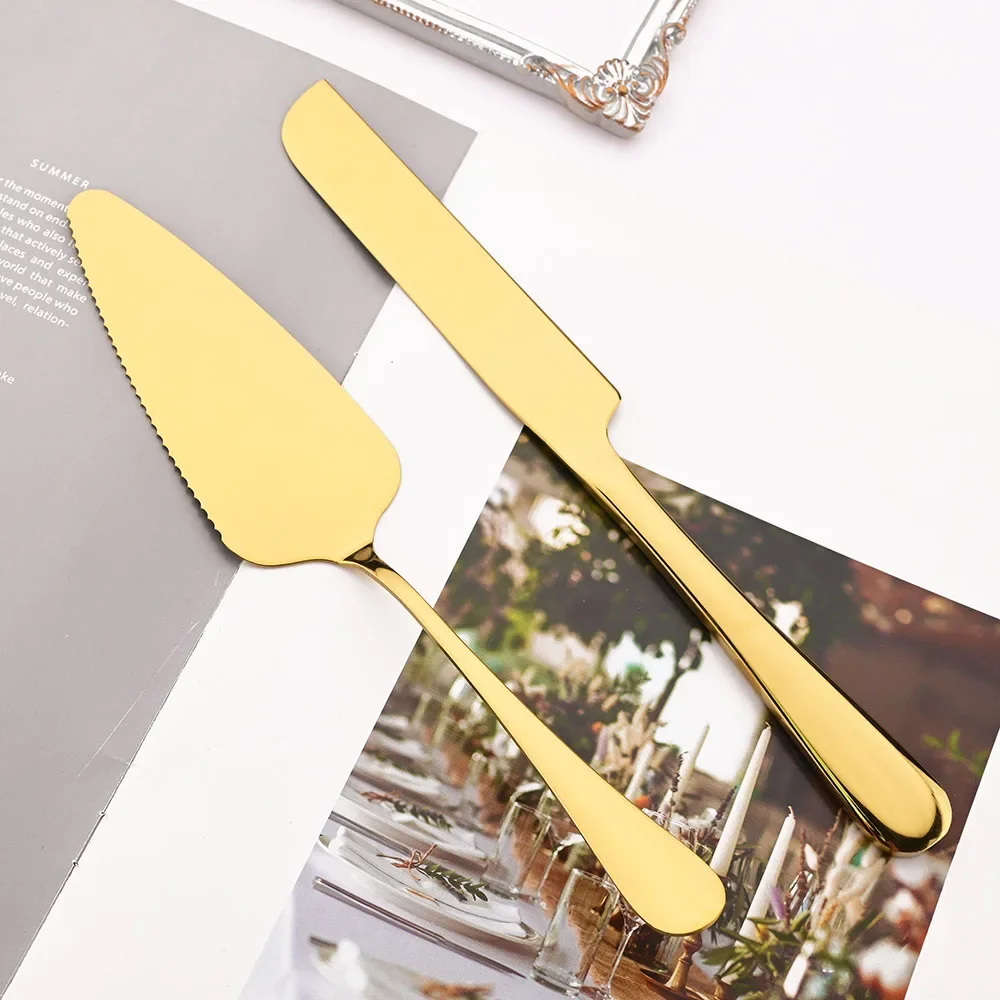 2Pcs Gold Cutlery Set Stainless Steel Cake Knife Long Handle Shovel Cake Pizza Dessert Kitchen Tool Sliverware Tableware Sets