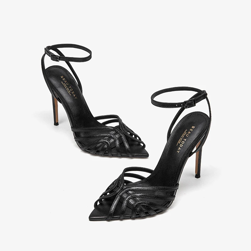 BEAUTODAY Gladiator Sandals Women Sheepskin Solid Color Pointed Toe High Heel Ankle Strap Pumps Ladies Shoes Handmade MS3D044