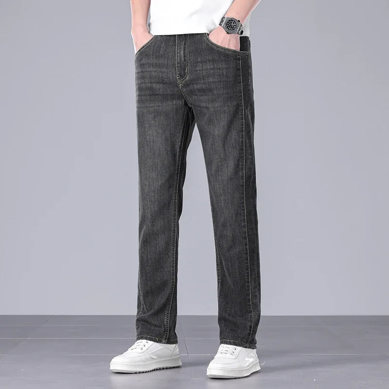 

Spring Summer Thin Men's Jeans Fashion Gray Comfortable Twill Denim Pants Fitted Straight Business Work Brand Male Trousers