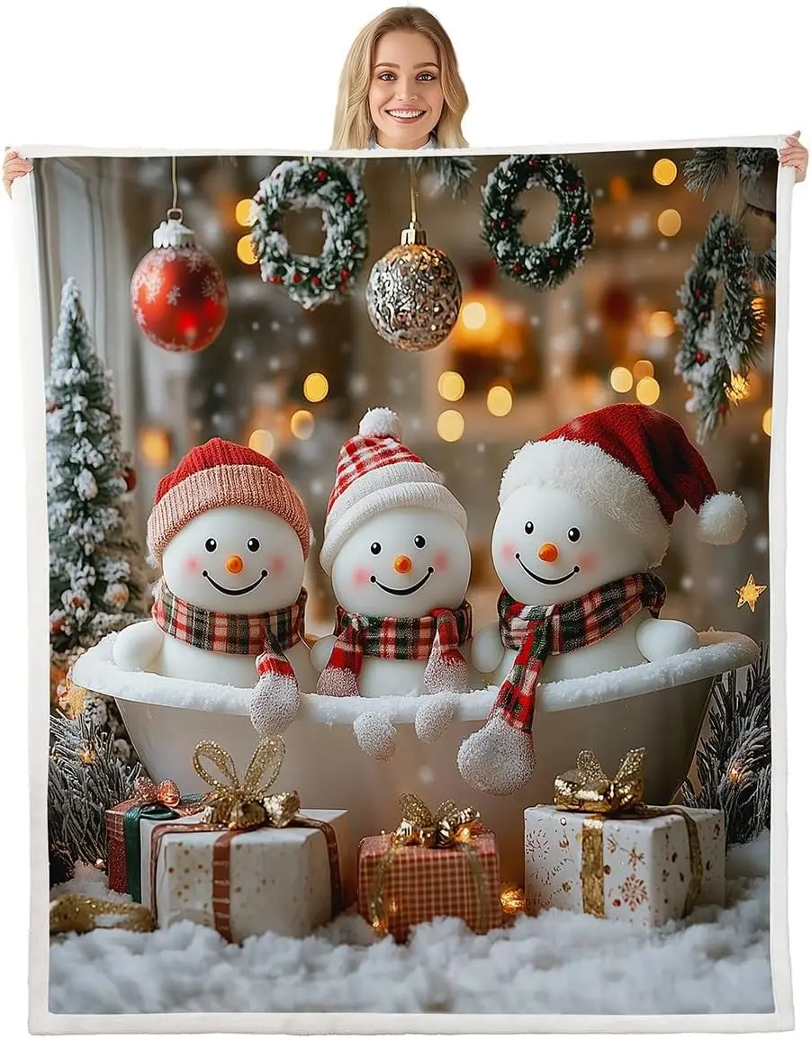 

Merry Christmas Fleece Blanket, Kawaii Snowman Throw Blanket for Kids Boys Girls,Xmas Holiday Decoration Sherpa Blanket Winter