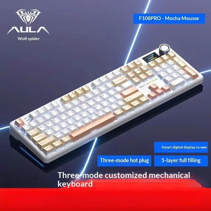 

Механическая клавиатура AULA F108PRO с тремя режимами подключения, Bluetooth, беспроводная, настраиваемая, с возможностью горячей замены, умным цифровым дисплеем, для игр и офиса