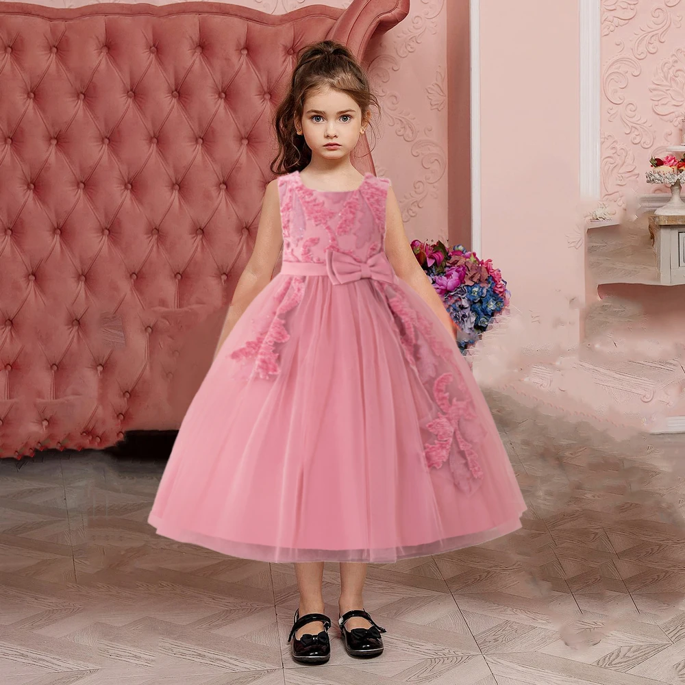 

Elegant Bow Party Girls Dress Vintage Bridesmaids Wedding Prom Gown Gala Birthday Pageant Princess Dresses Evening Kids Clothing