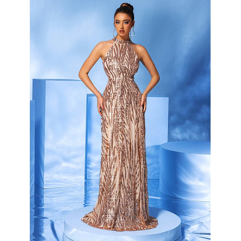 Summer Vestidos Women Sexy Halter Gold Sequined High Waist Elegant Cocktail Prom Evening Long Maxi Dresses Female Clothing