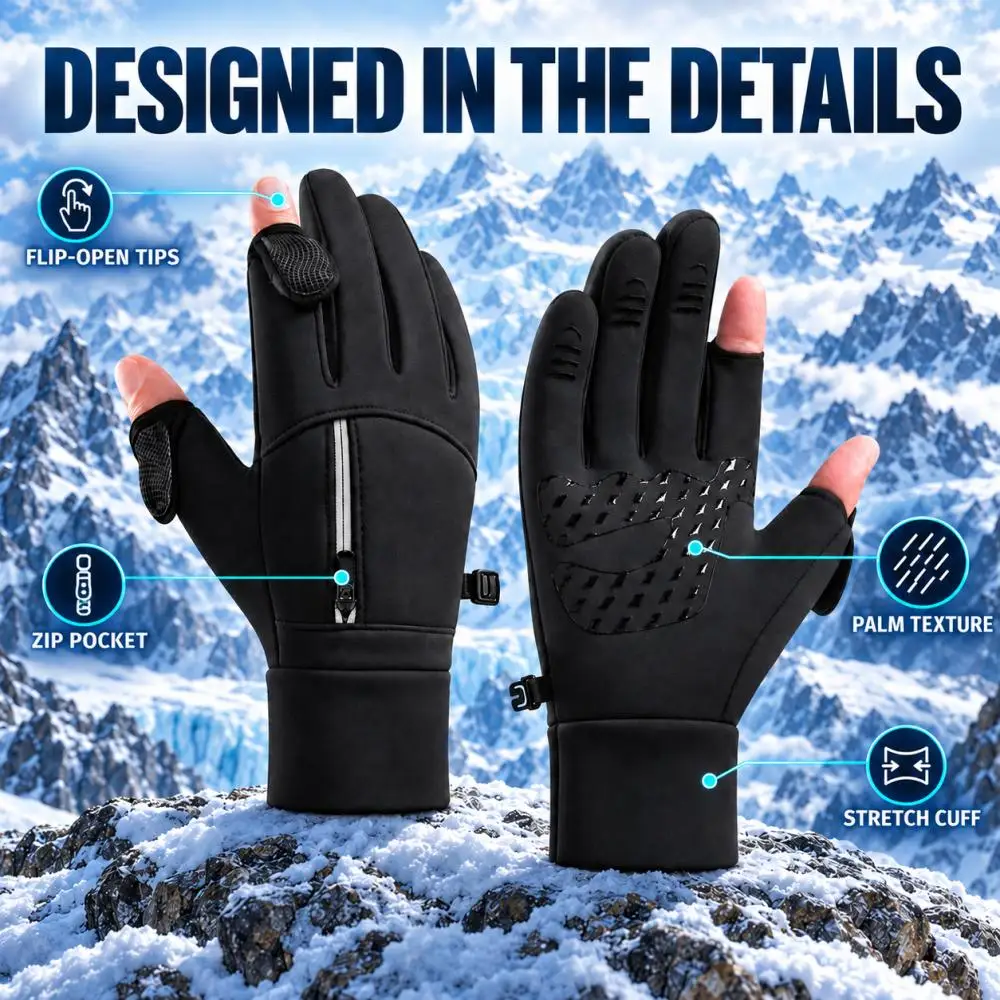 Convertible Flip Finger Touch Screen Thermal Winter Gloves Adjustable Zipper Textured Palm for Men Women Cycling Running Hiking
