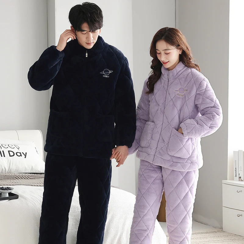 High quality winter new 3 layer quilted cotton pajama set couple casual pyjamas thick warm home clothing