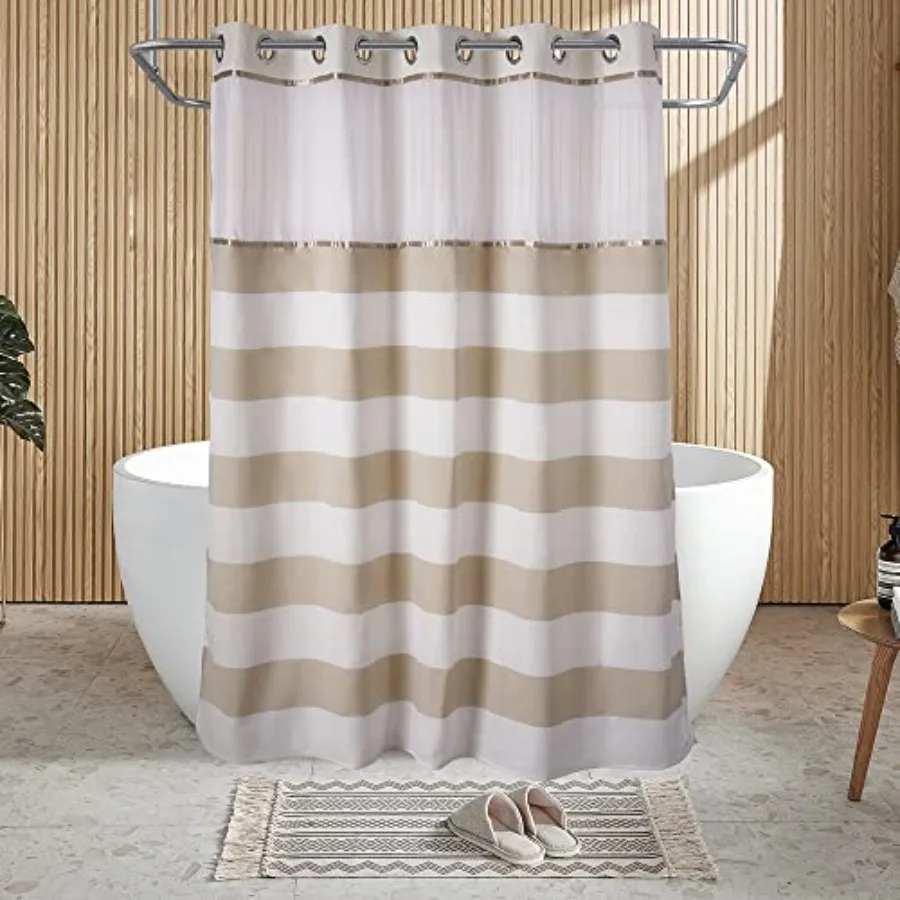 

71"W x74"H Stripe Fabric Hook Free Shower Curtain with Polyester Magnet Snap-in Liner Top See Through with Mesh Window Light Be