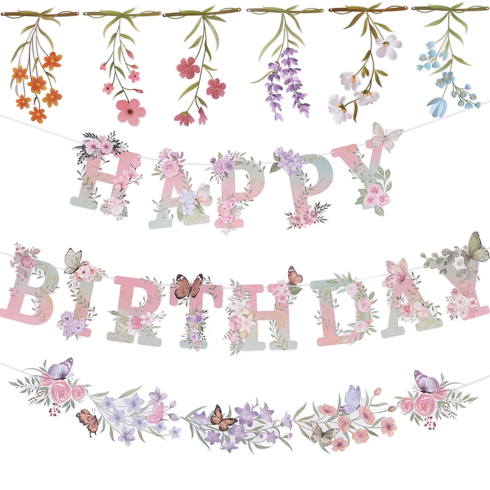 New Butterfly Flower Pendant Colorful Happy Birthday Pull Flag Spring Theme Birthday Wedding Party Decor Baby Shower Supplies