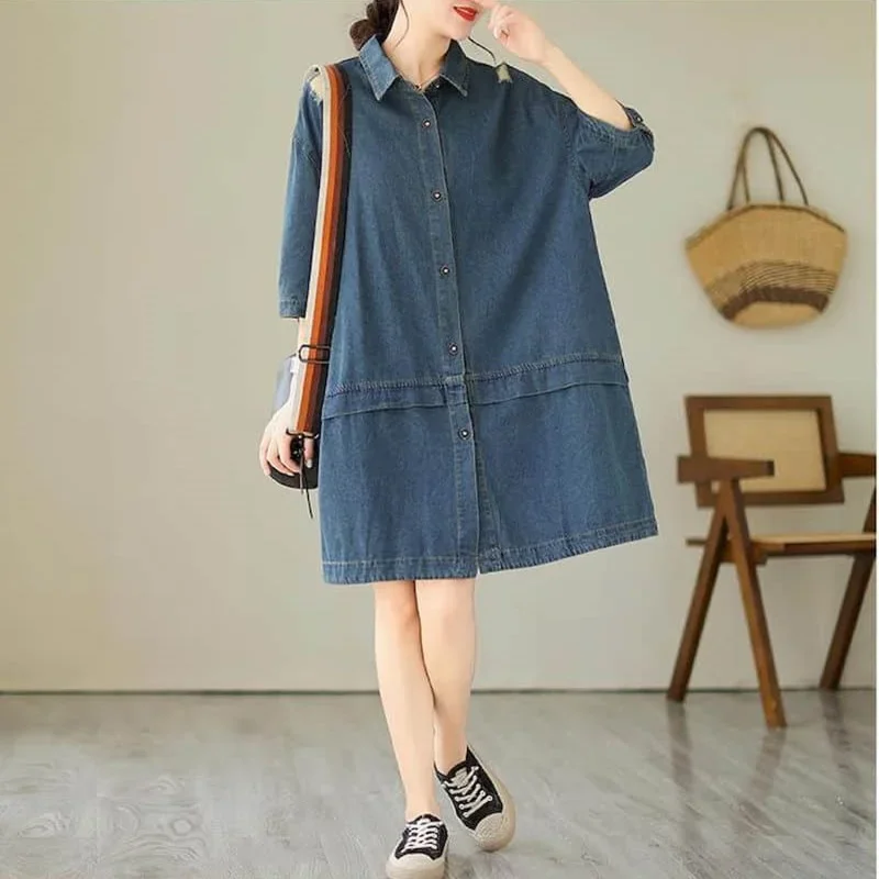 Pop Blue Denim Dresses Women Polo-neck Casual Loose A-line Single Breasted Shirts Skirts Pocket Design Vintage Trend Artistic Dr