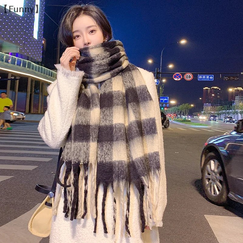 maveraFunny vauasPlaid Cachecol Feminino Inverno Novo Estilo Quente Versátil Xale High-end Imitação de Cashmere Lenço de Pescoço Grosso Versão Grande