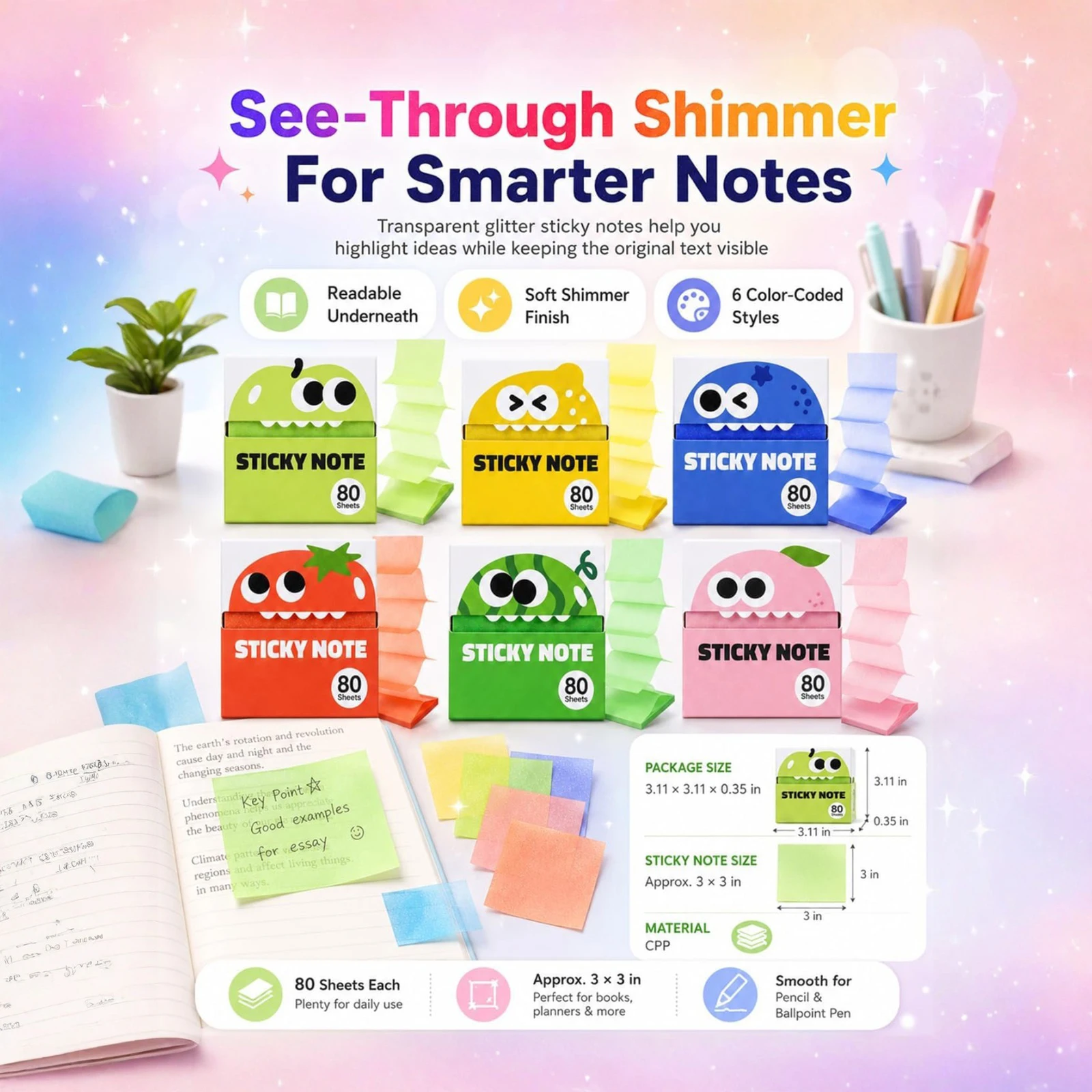 Glitter Transparent Sticky Notes Clear Aesthetic Translucent Sparkle Pads Transparent Pull-Out Sticky Notes for Books