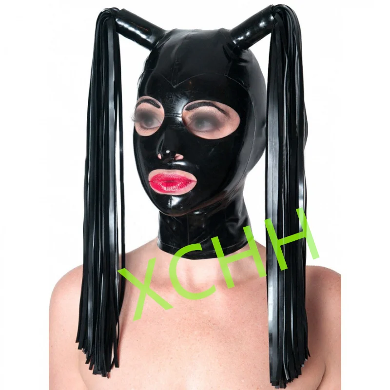 

Handmade Latex Hood Rubber Mask Black with 2 wig Back Zip Sexy Fetish Headgear Customize Halloween Cosplay Costume