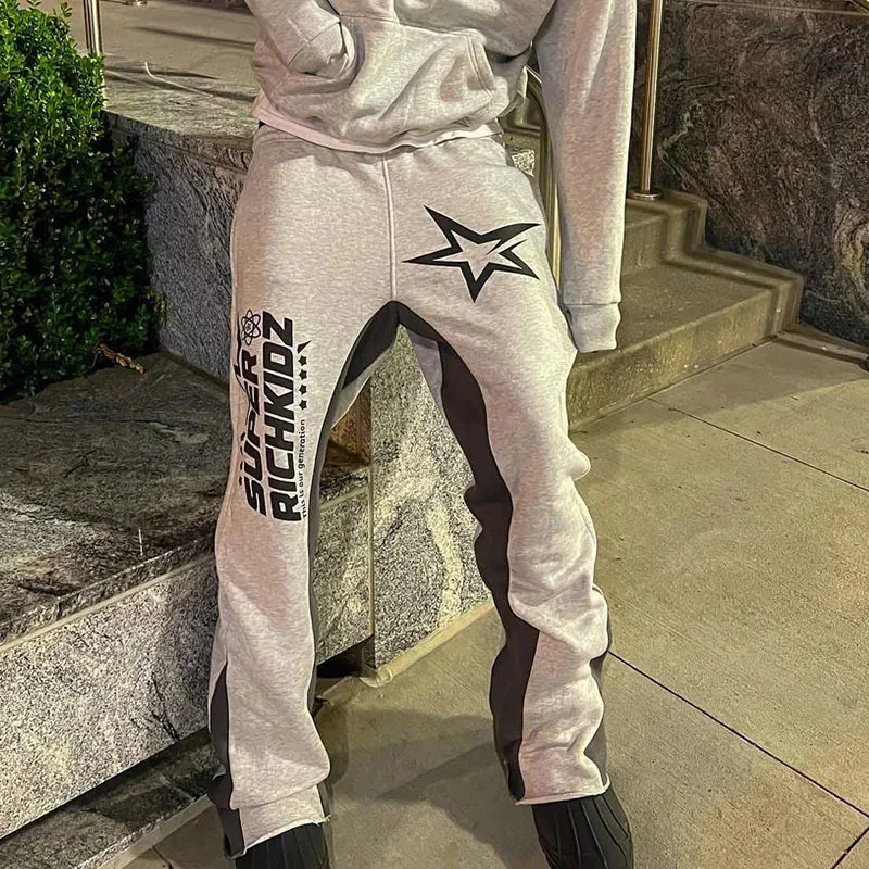 Calças casuais masculinas de perna reta, calças soltas com estampa de letras americanas retrô streetwear