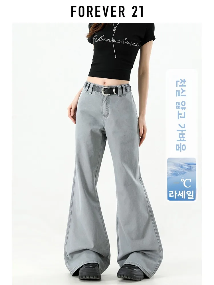 Calça Jeans Feminina Forever 21 Estilo Americano Cinza Claro com Perna Reta e Barra Larga, Nova Coleção Primavera com Efeito Emagrecedor