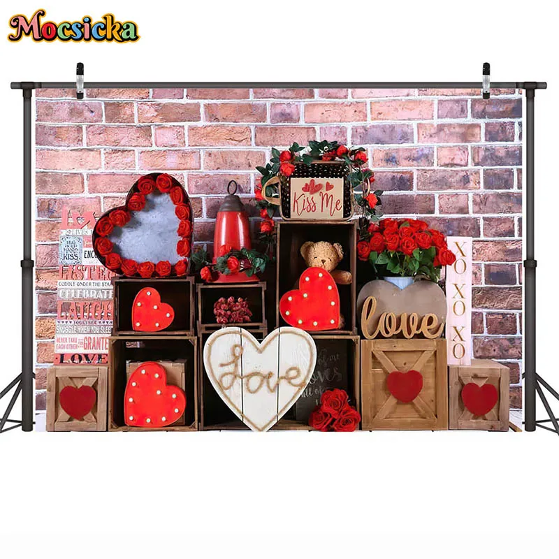 Pink Brick Wall Valentines Day Backdrop Red Rose Flower Love Heart Balloon Background Party Decoration Portrait Photo Booth Prop