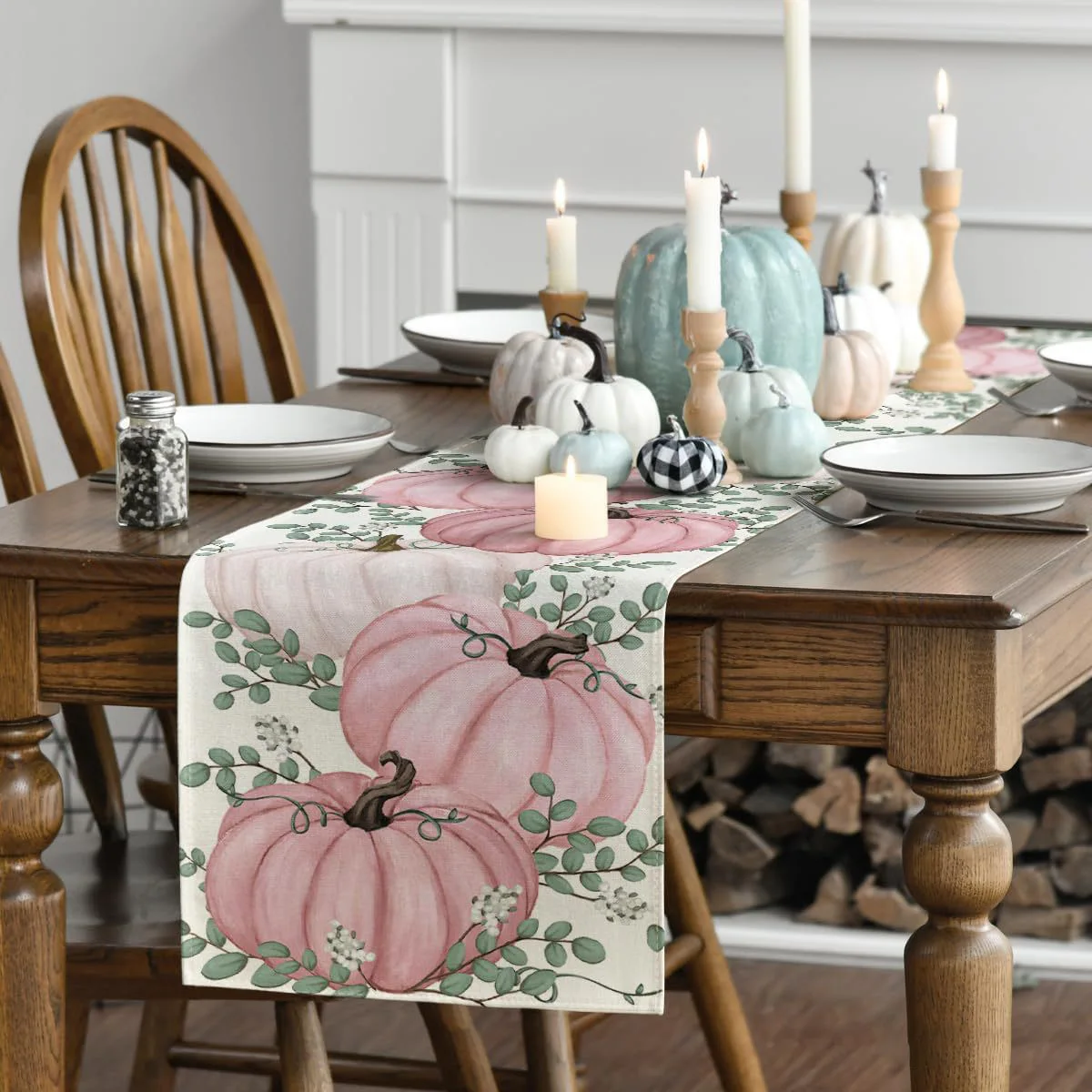 Decoração de mesa de halloween para festa doméstica, abóboras rosa, eucalipto, outono, ação de graças, cozinha, mesa de jantar, outono