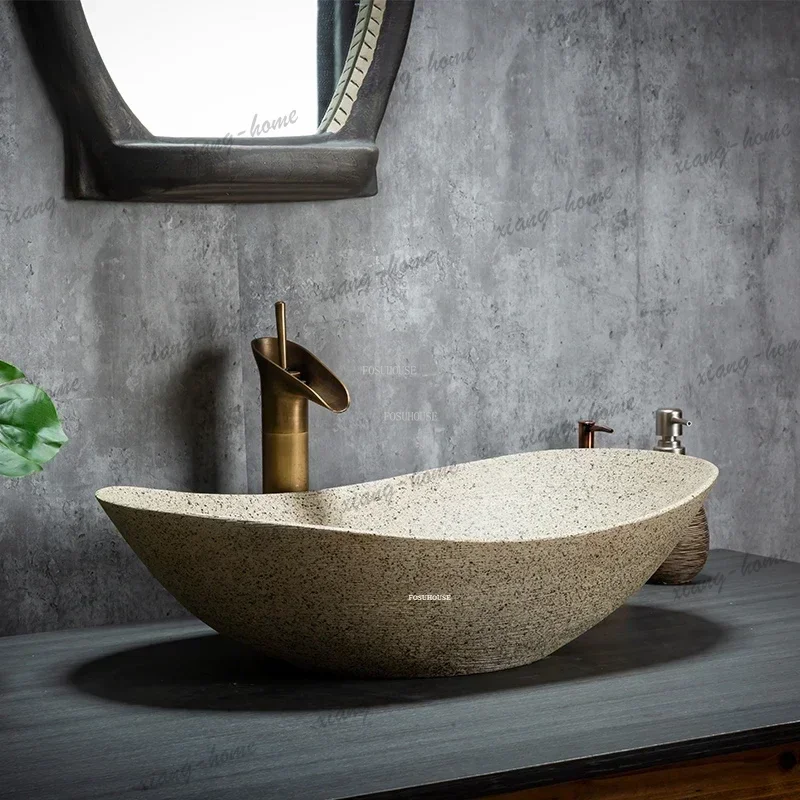 PG Household Bathroom Sinks Oval Art Carved Ceramic Artisan-crafted Countertop Basin Bathroom Outdoor Washbasin