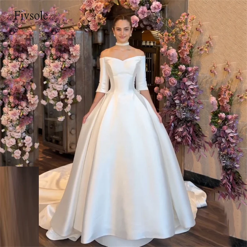 

Fivsole Modern Off The Shoulder A Line Wedding Dress Half Sleeves Bride Gowns Floor Length Wedding Dress 2026 Customized