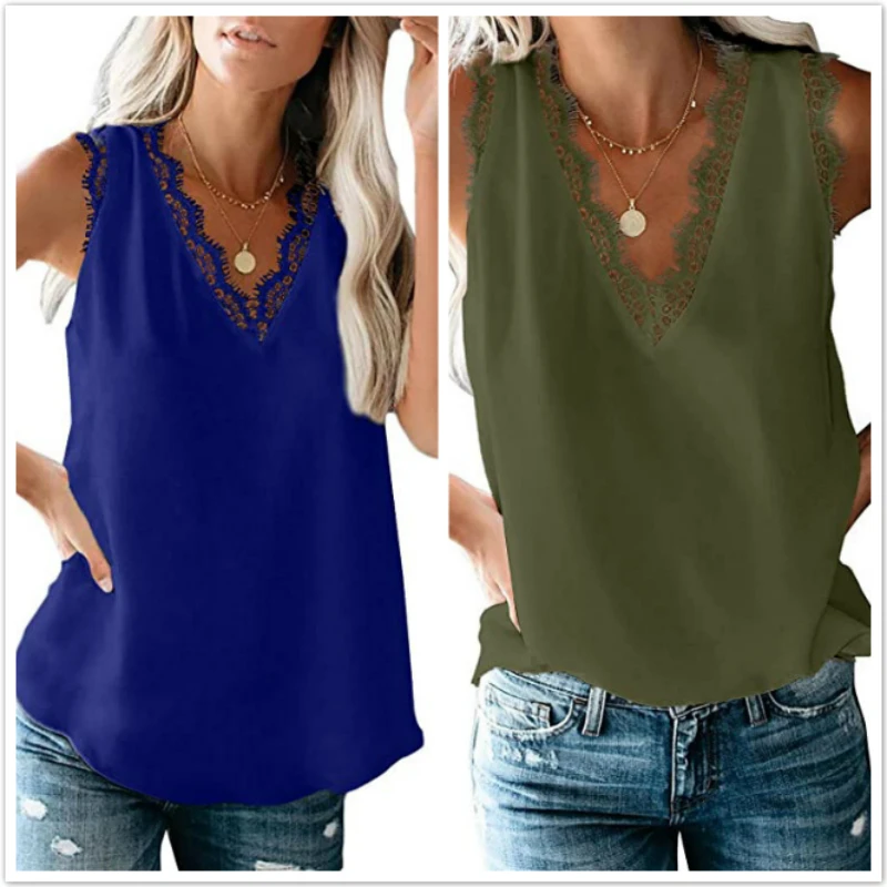 Sexy Kanten V-Hals Mouwloze Dames Top 2023 Zomer Nieuwe Casual Mode Solide Chiffon Tank Top Diepe V-Hals