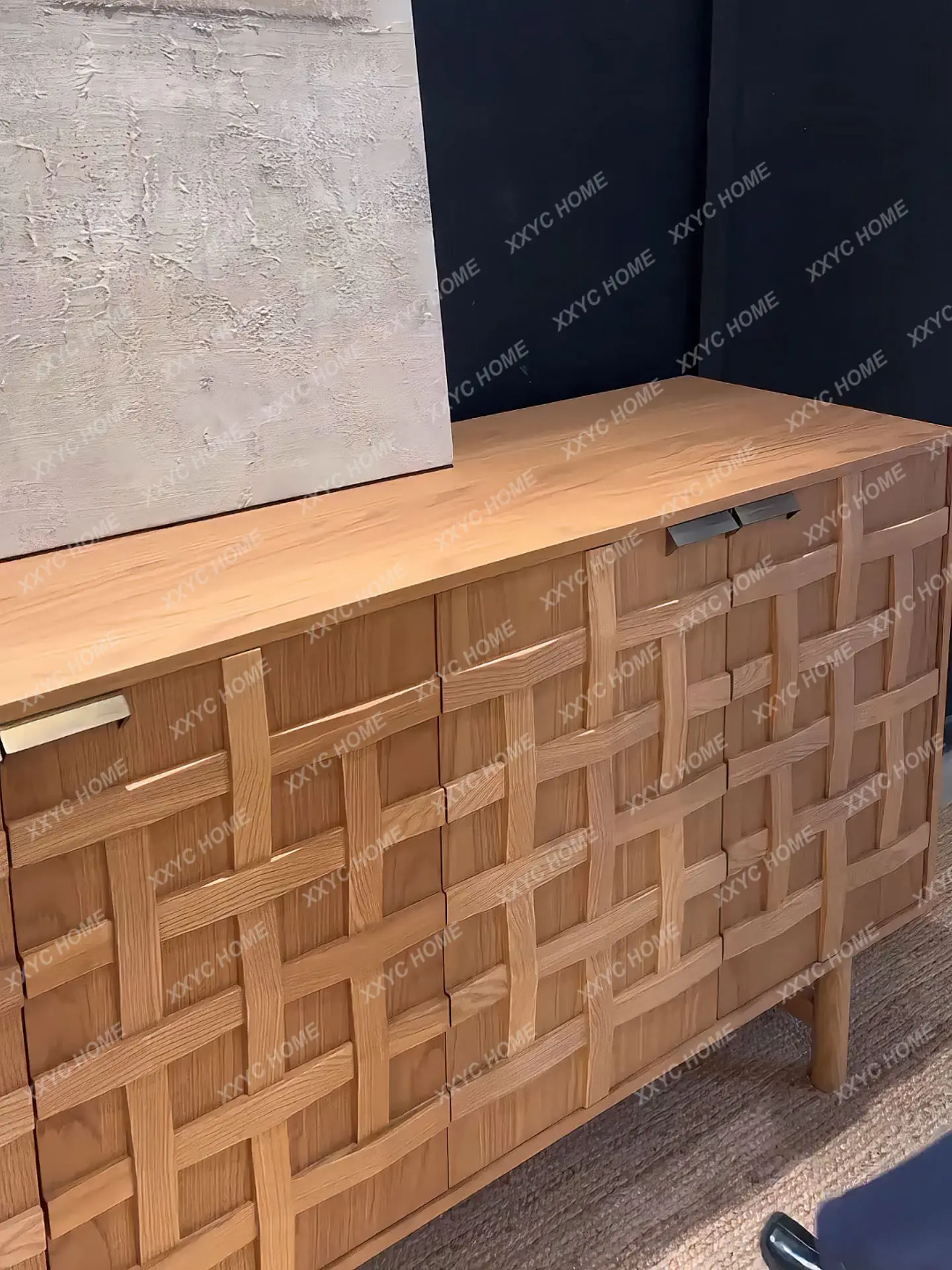 Modern simple solid wood woven entrance cabinet, living room storage cabinet