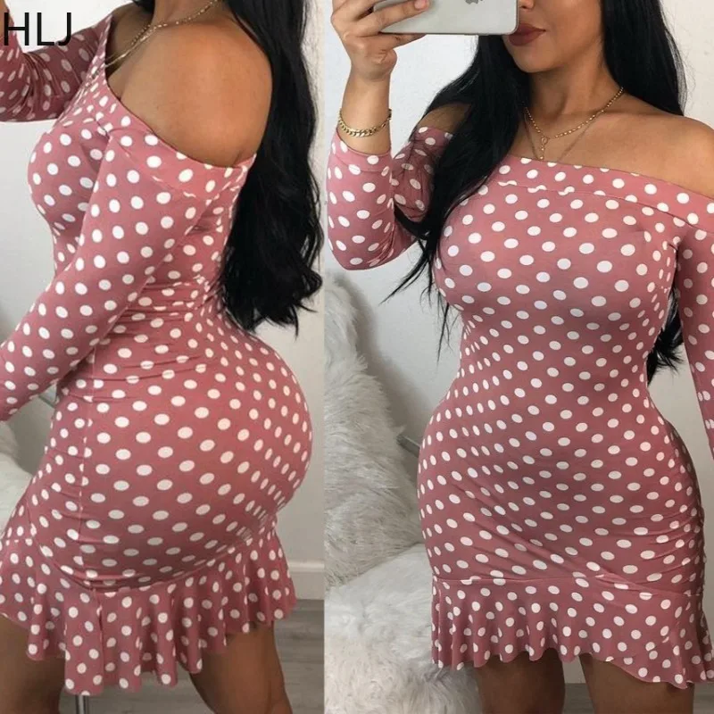 

HLJ Sexy Polka Dots Print Bodycon Dresses for Woman Off Showlder Backless Ruched Patchwork Dress Female Streetwear Vestidos New