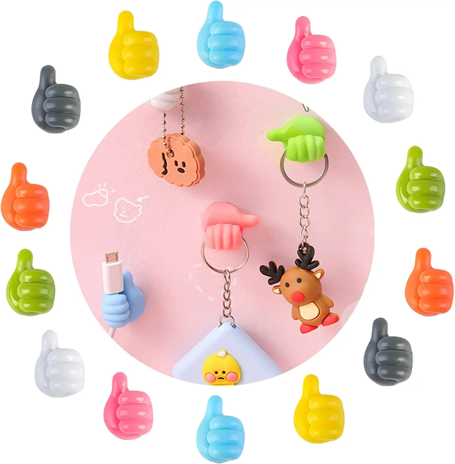 

15pcs Creative Thumbs Up Shape Wall Hook Key Holder Hook Kitchen Barthroom Adhesive Rack Home Storage Hook Multi-Purpose Hooks