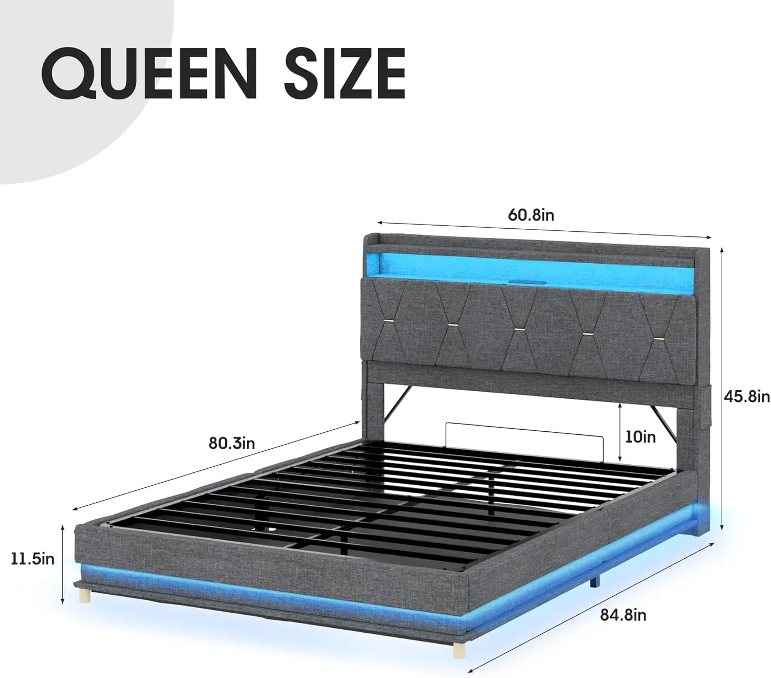 

Подъемный каркас кровати размера «queen-size», изголовье хранения с зарядной станцией, кровать-платформа с мягкой обивкой со светодиодной подсветкой, бесплатная доставка