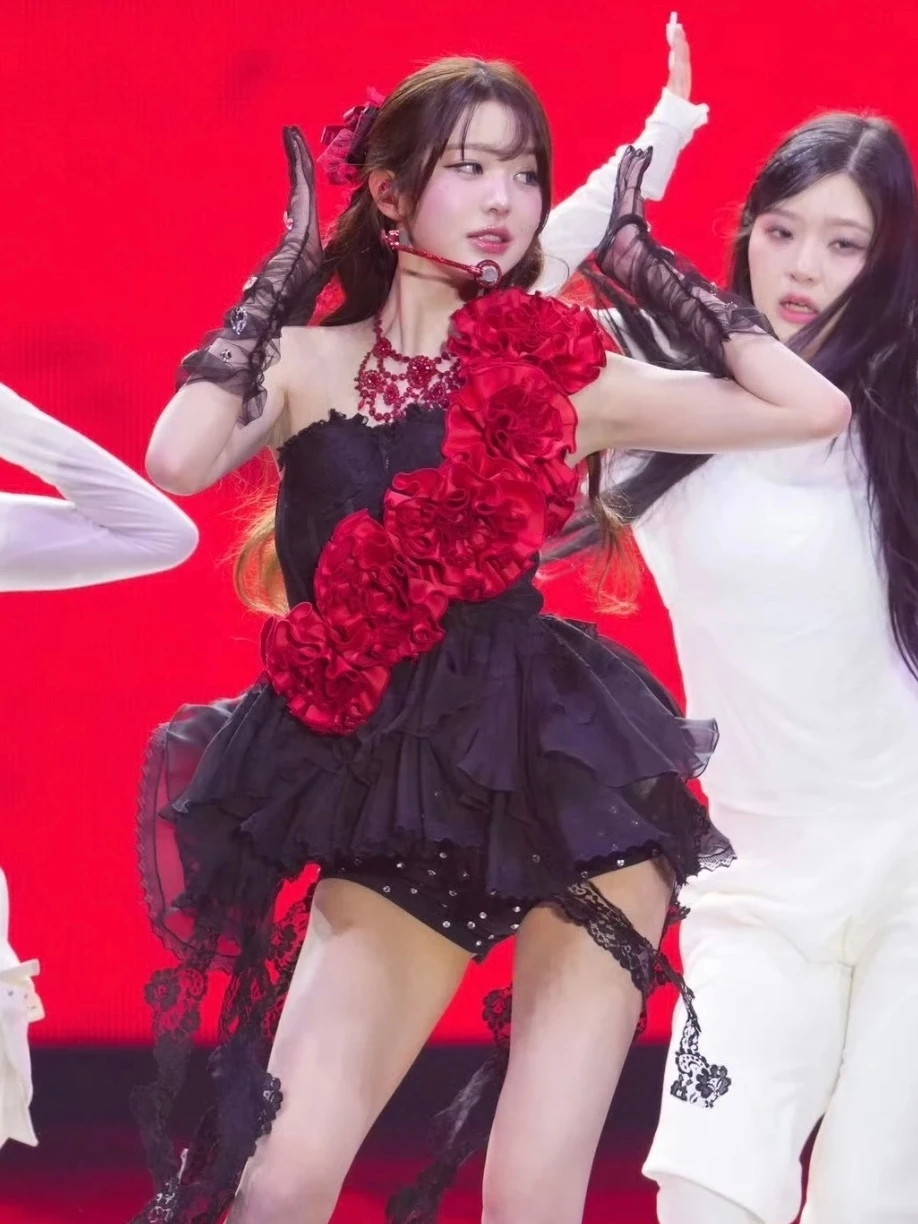 Vestido de flores rojo brillante con diamantes para actuación escénica, disfraz de cantante, vestido sin tirantes, Zhang Ying...