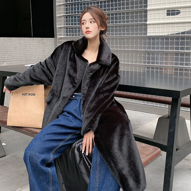 Fur Coat Women\'s Winter 2023 New Korean Fashion Luxury Lapels Loose Windproof Warm Extended Jacket Imitation Mink Furs Outerwear