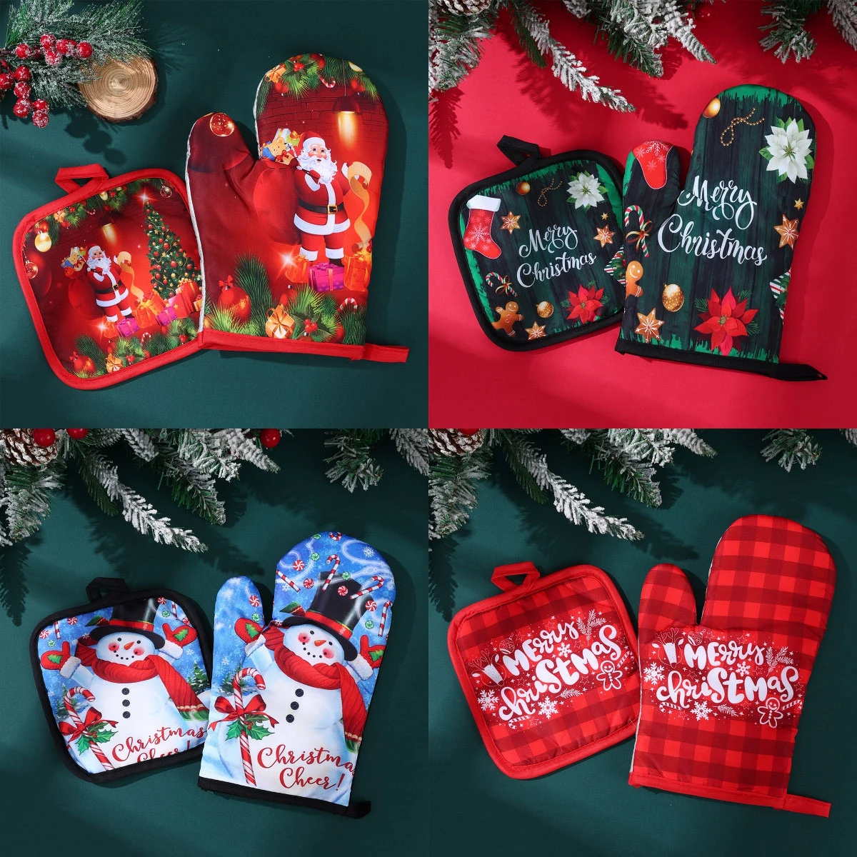 Christmas Microwave Oven Gloves Kitchen Anti-scalding Baking Gloves Insulated High Temperature Resistant Oven Gloves Set