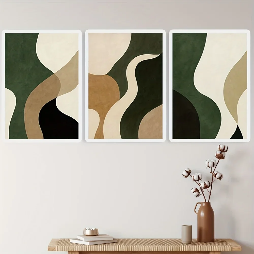 2D Flat, 3pcs Mid-Century Modern Abstract Wall Art Set - Green & Earth Tone Olive Beige Brown Black White Muted Gray - Minima