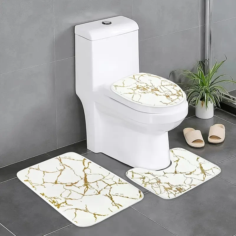 Toilet Seat Cover 3PC Set Bathtub Mat Shower Room Floor Carpet Family Bathroom Anti-Slip Sliding Door Mat Print Bathtub Decorati