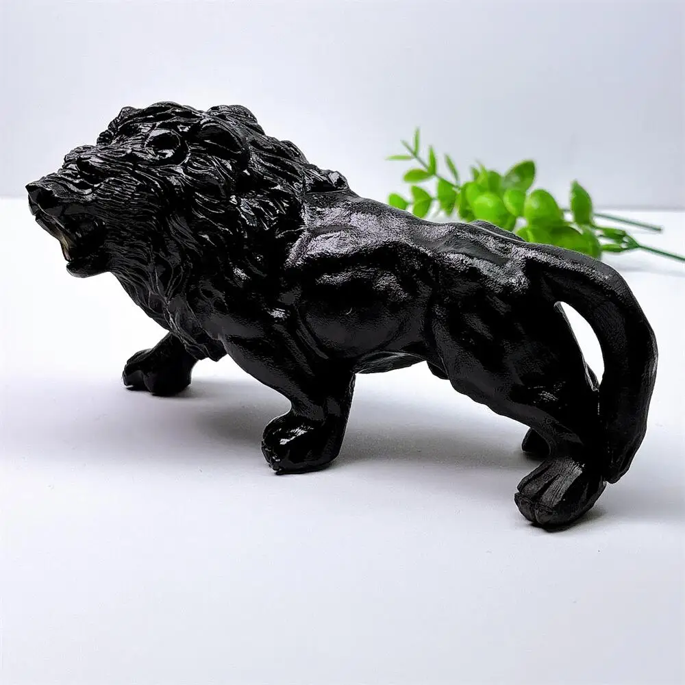 Natural Black Obsidian Lion Carving Polished Healing Crystal Animal Figurine Home Decor Craft Gift for Stress Relief And Focus