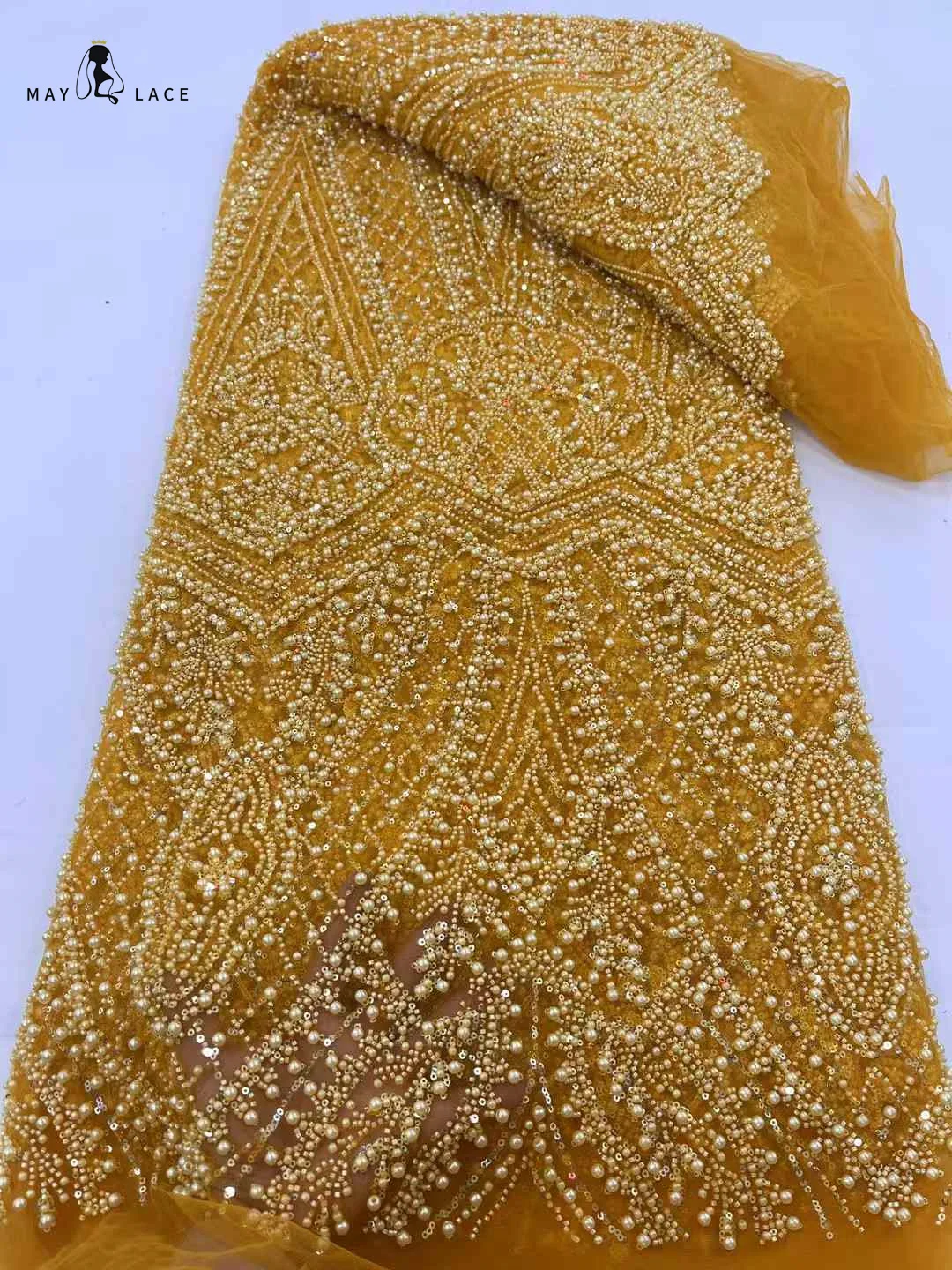 

Gold Tulle Beaded Sequins Lace Fabric, Nigerian African Lace Fabrics for Wedding Party,French Tulle, High Quality, 5 Yards, 2024