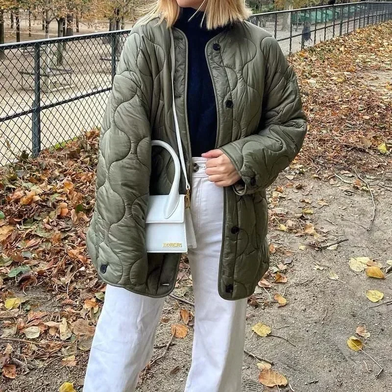 Womens Cotton Jacket Autumn and Winter New Military Green Fashion Single Breasted Thin Cotton Jacket Trend for Women