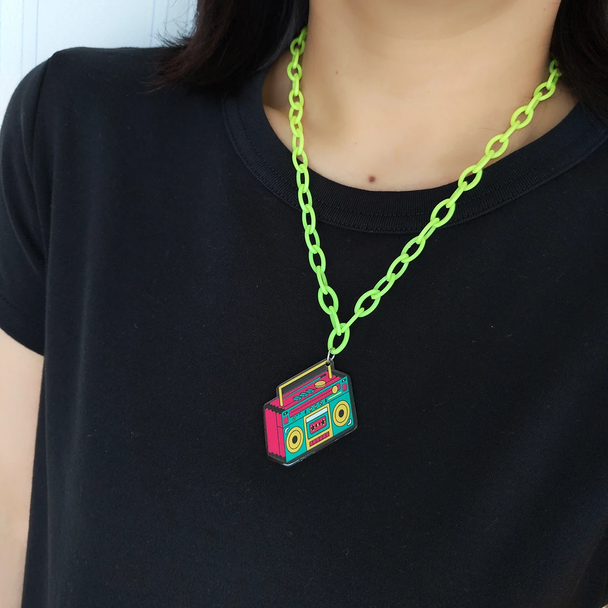 Rock Hip Hop Y2K Retro Fluorescent Acrylic Tape Recorder Modeling Pendant Long Sweater Chain Long Necklace Female