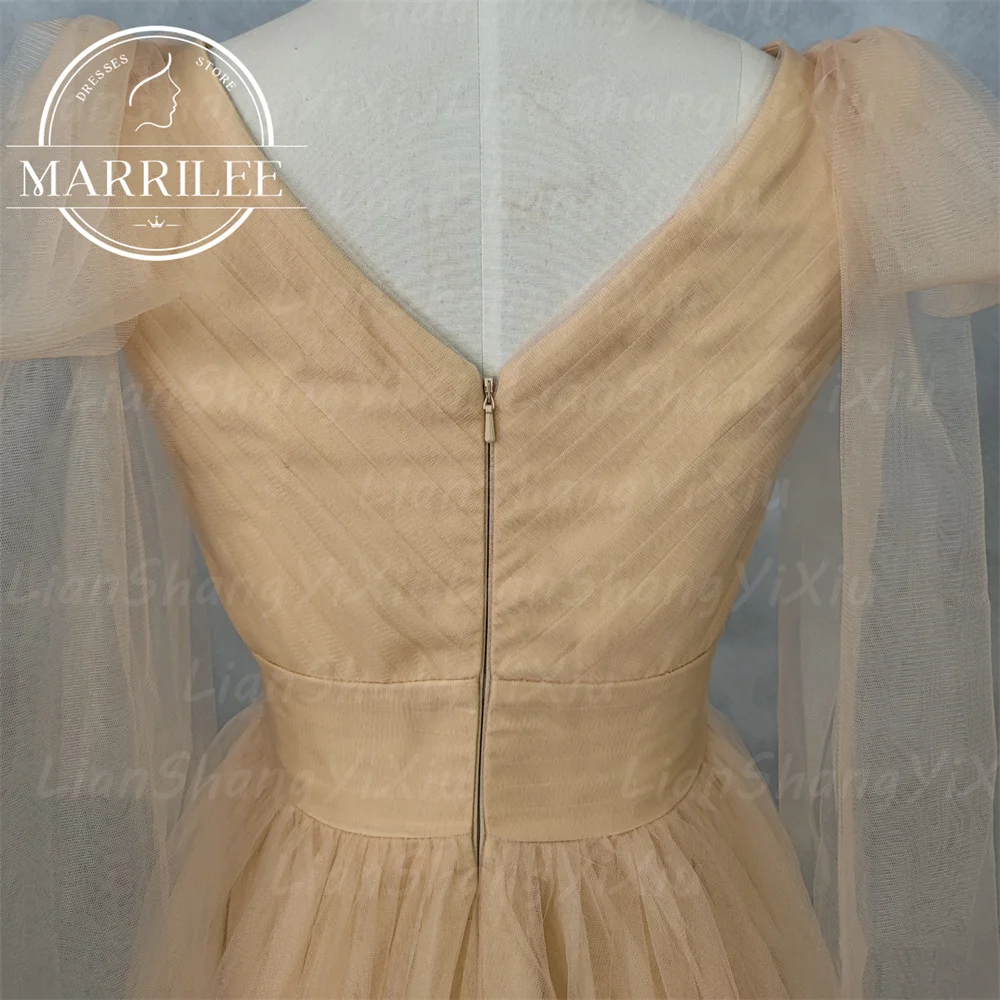 Marrilee Korea Gele Jurk Prom Lint Korte Mouw Pet Fotoshoot Trouwjurk V-Hals Bruid Kamerjas Gepersonaliseerde Sweep