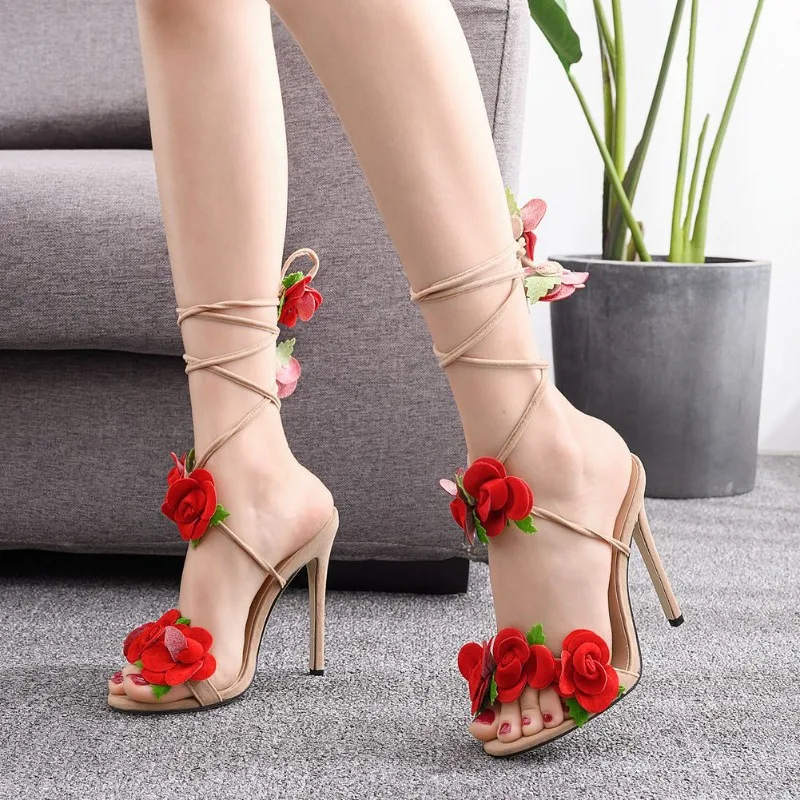 HOT Summer Women 11CM High Heels Sandals lady Pumps Round Toe Flock Thin High Heels Lace Up Front & Rear Strap Flowers Shallow