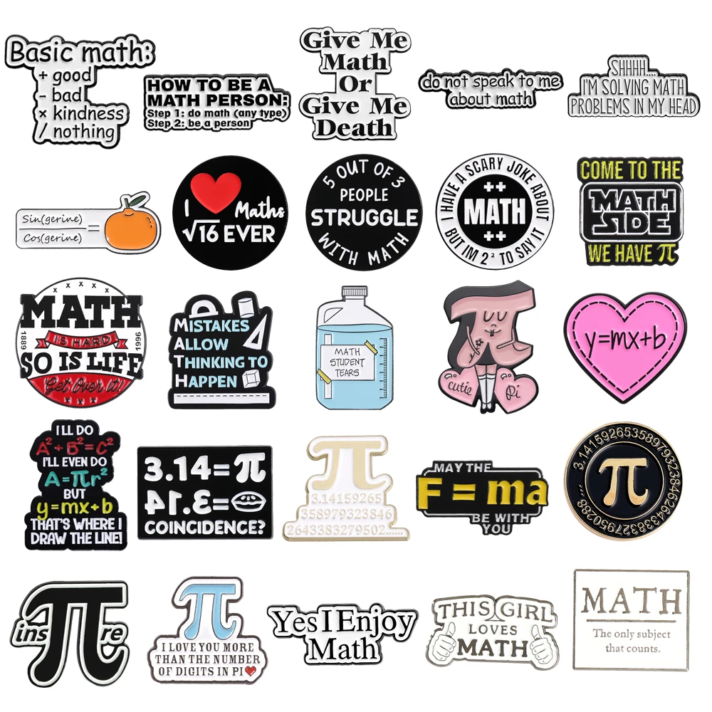 Personalidade matemática dos desenhos animados broche básico função matemática radical pi menina amor matemática álgebra linear metal emblema punk lapela pinos jóias