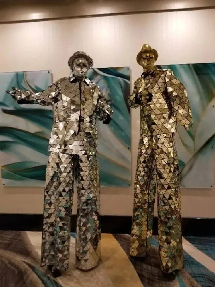 

Silver Mirror Man Clothes Hand Screw Gold Stilts Walker Show Suit Stage Dress Performance Party Dj Bar Costume Cosplay Clothing